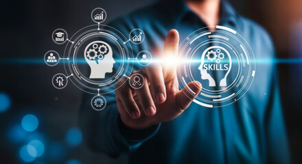 A persons finger touches a digital interface displaying a glowing network of skills, knowledge, and learning icons, symbolizing personal and professional development in the digital age