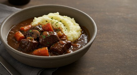 Hearty beef bourguignon stew with mashed potato served in a bowl. Classic french comfort food for cold weather. copy space
