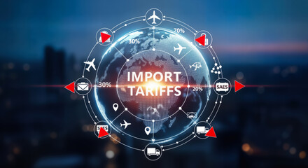 Global import tariffs impacting international trade and economic growth, visualized with a digital network connecting world commerce and logistics