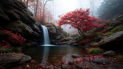 Autumn waterfall in misty forest