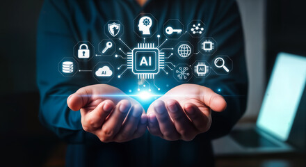 Conceptualization of artificial intelligence with a central ai chip surrounded by various icons representing data, security, and connectivity, held within open hands