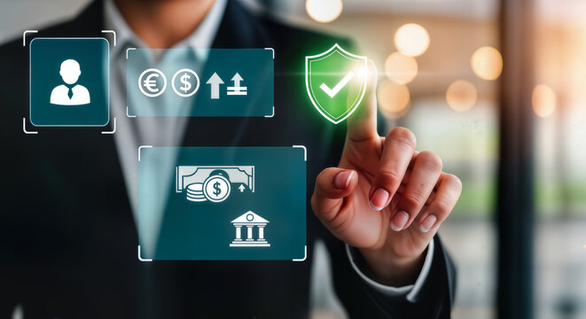 A person in a suit touches a digital interface displaying financial icons and a security shield, symbolizing financial protection and growth