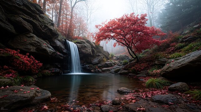 Autumn waterfall in misty forest
