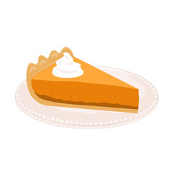 Pumpkin Pie Slice with Cream on a plate. Fall and Autumn symbol. National Pumpkin Cheesecake Day. Vector Illustration
