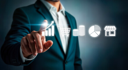 Businessman interacting with a digital interface displaying business growth charts, shopping cart, financial data, pie chart, and store icons, symbolizing strategic planning and market success