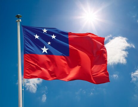 samoa flag waving with sun shines brightly behind; blue sky background