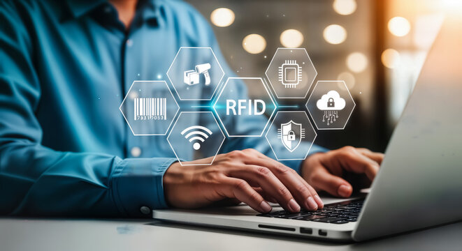 Person using a laptop with a digital overlay showing rfid technology, barcode scanning, wireless connectivity, cloud storage, and security icons, representing modern asset management and data capture