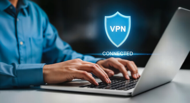 Person using a laptop with a vpn connection symbol indicating secure and private online activity, highlighting digital security and internet access