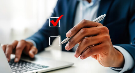 Closeup of a persons hand holding a pen, about to mark a checkbox with a red tick, symbolizing task completion and decisionmaking in a business or office setting