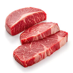 Obraz premium Meat, meat cuts, steaks, light falling on it from an angle making it more visible and attractive, close-up, white background