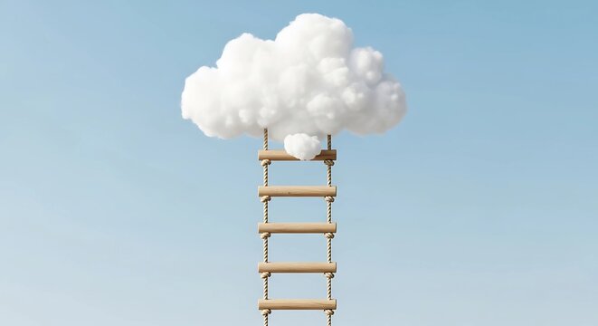 A Surreal Rope Ladder Climbing into Fluffy Cloud Sky Dreamscape in blue background 