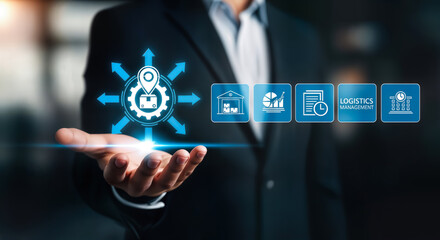 A businessman in a suit presents a digital interface showcasing a complex logistics network with various icons representing supply chain operations, emphasizing efficiency and global connectivity