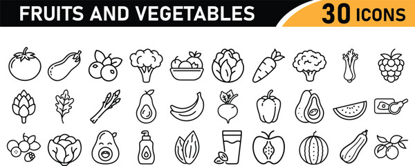 Fresh vegetables and fruits line icon collection . showing healthy food. Fresh produce line icons set 