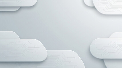 Abstract background featuring rounded white shapes with subtle circuit board patterns arranged around a central empty space.