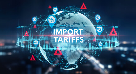 Global import tariffs concept illustrated with a digital globe surrounded by data, financial symbols, and warning indicators, representing international trade and economic policy
