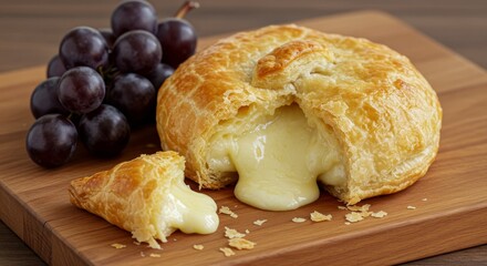 Baked brie wrapped in flaky puff pastry bursts open on a cutting board, paired with fresh grapes for a gourmet appetizer.