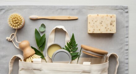 Eco-friendly zero waste lifestyle concept. Flat lay of sustainable products like a bamboo brush, natural soap, and a reusable tote bag.