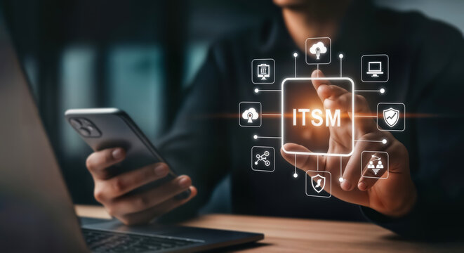 Itsm concept with icons representing various services and functions, illustrating the integration and management of technology services for business efficiency and user support - Powered by Adobe