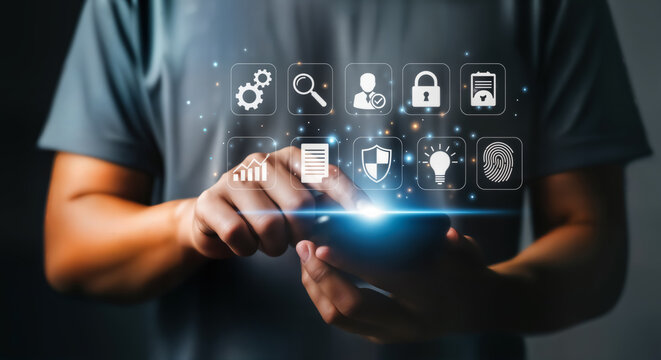 A person interacting with a futuristic holographic interface displaying various digital security and data management icons, symbolizing advanced technology and cybersecurity solutions - Powered by Adobe