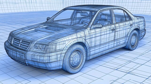 Blueprint Wireframe Sedan Car Design 3D Model