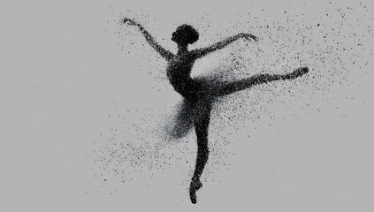 Silhouette of a ballerina dissolving into particles during a graceful pose.
