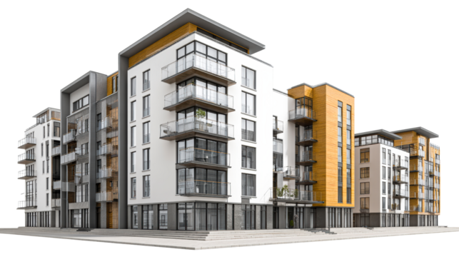 Modern apartment complex with sleek design and glass balconies