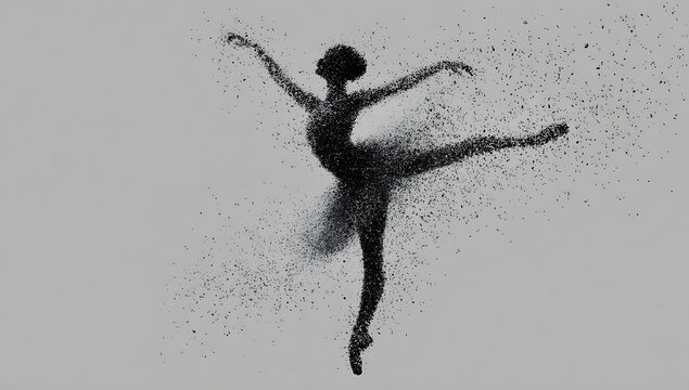 Silhouette of a ballerina dissolving into particles during a graceful pose.