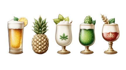 Monoline set of 6 beer icons with garnish symbols (lemon, hops, barley)