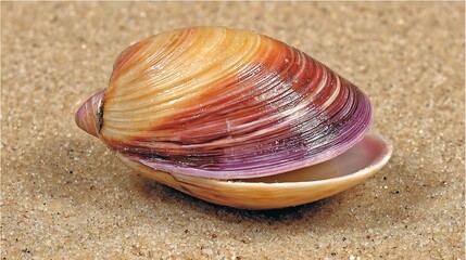 Striking seashell with unique purple and orange hues resting on warm sand for coastal elegance
