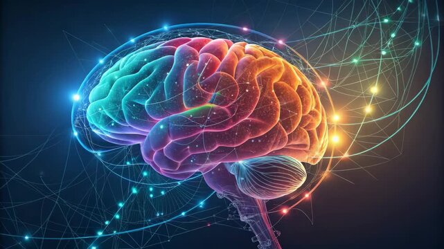 Colorful brain illustration with neural connections and light effects  