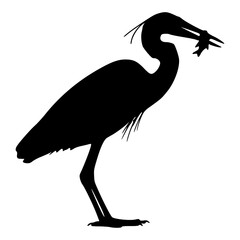 Vector Silhouette Of A Heron With Fish.