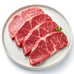 Meat, meat cuts on a plate, steak slices on a plate, light falling on it from an angle making it more visible and attractive, close-up, white background