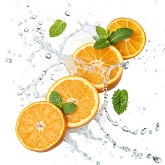 Fresh orange slices with mint and water splash isolated on transparent background