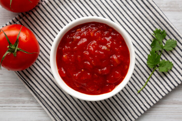 Organic Tomato and Cilantro Salsa in a Bowl, top view.