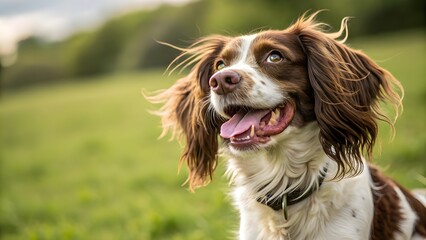 Close-Up Portrait of a Happy Brown and White Spaniel Dog Outdoors on a Sunny Day