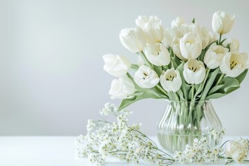 Obraz premium Vase of white tulips on all-white table with scattered flowers, simple elegant floral arrangement against neutral background