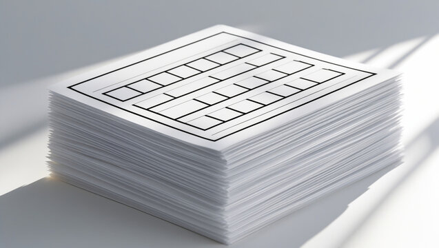 Stack of blank white paper sheets with a grid template on a white table, casting a shadow perfect for business, office, or creative projects, offering a clean and professional look