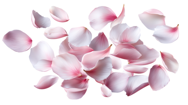 Soft pink rose petals scattered on a transparent background
