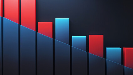 Abstract 3d render of a bar graph showing a downward trend, with red and blue bars against a dark background, representing financial loss and economic downturn in a modern and stylish design
