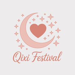 Qixi Festival pastel moon and heart, magical love theme, Chinese romantic celebration, unique vector illustration