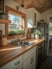 Fototapeta premium A well lit kitchen area featuring a wooden countertop and a stainless steel sink near a window