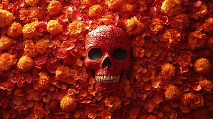 Red skull amidst marigold flower petals.