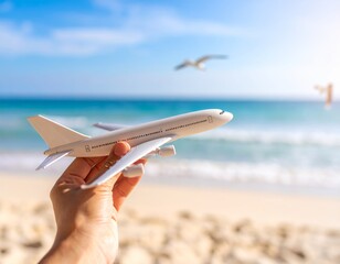 A hand holds a small airplane model against a tropical beach backdrop