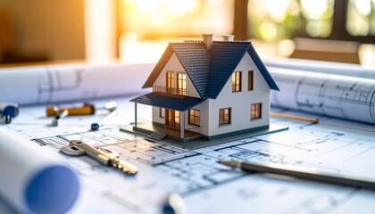 A house model sits atop blueprints keys and tools symbolizing new construction or homeownership