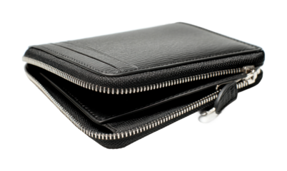 Elegant black leather wallet displayed on for retail use isolated on transparent background, png