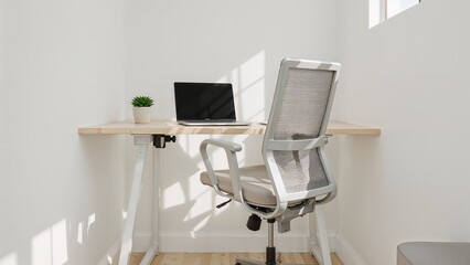 A minimalist workspace featuring a laptop, plant, and ergonomic chair against a white wall setting