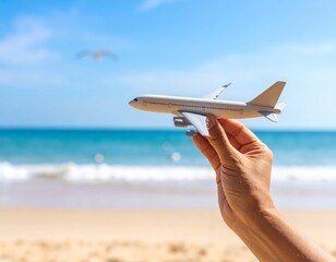 A miniature airplane held above a sunny beach dreams of travel taking flight