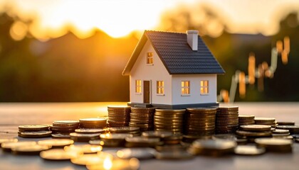 A miniature house sits atop stacks of coins symbolizing the financial investment in homeownership