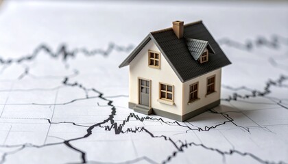 A model home sits atop a graph charting market fluctuations