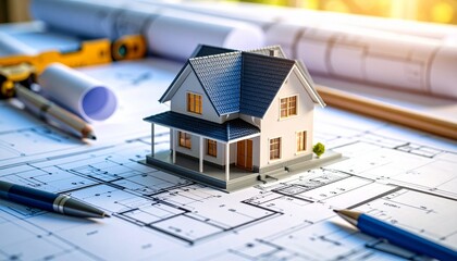 A model house sits atop detailed blueprints and construction tools